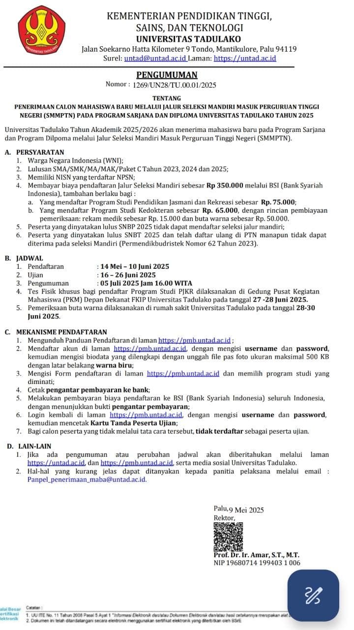 Penerimaan Mahasiswa Baru Jalur Smmptn Universitas Tadulako Tahun 2025 Dibuka